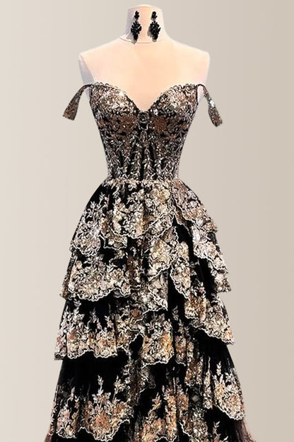 Gorgeous A-Line Off The Shoulder Long Tiered Prom Dress with Sequined Appliques