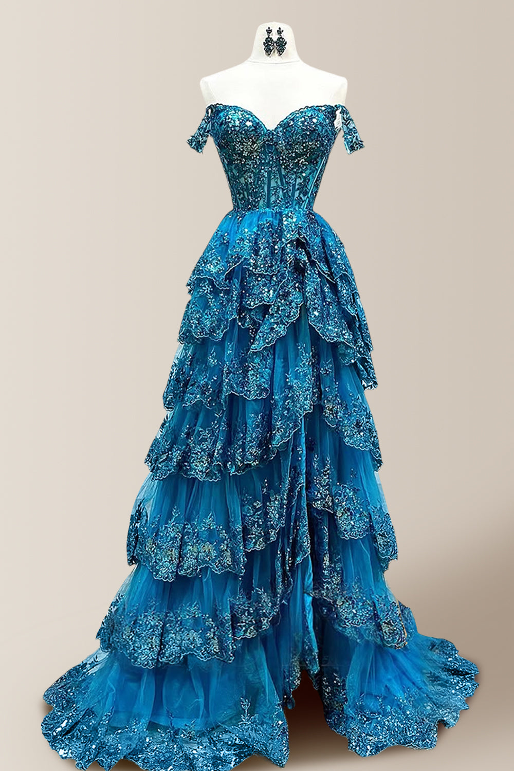 Gorgeous A-Line Off The Shoulder Long Tiered Prom Dress with Sequined Appliques