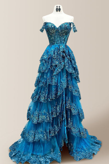 Gorgeous A-Line Off The Shoulder Long Tiered Prom Dress with Sequined Appliques