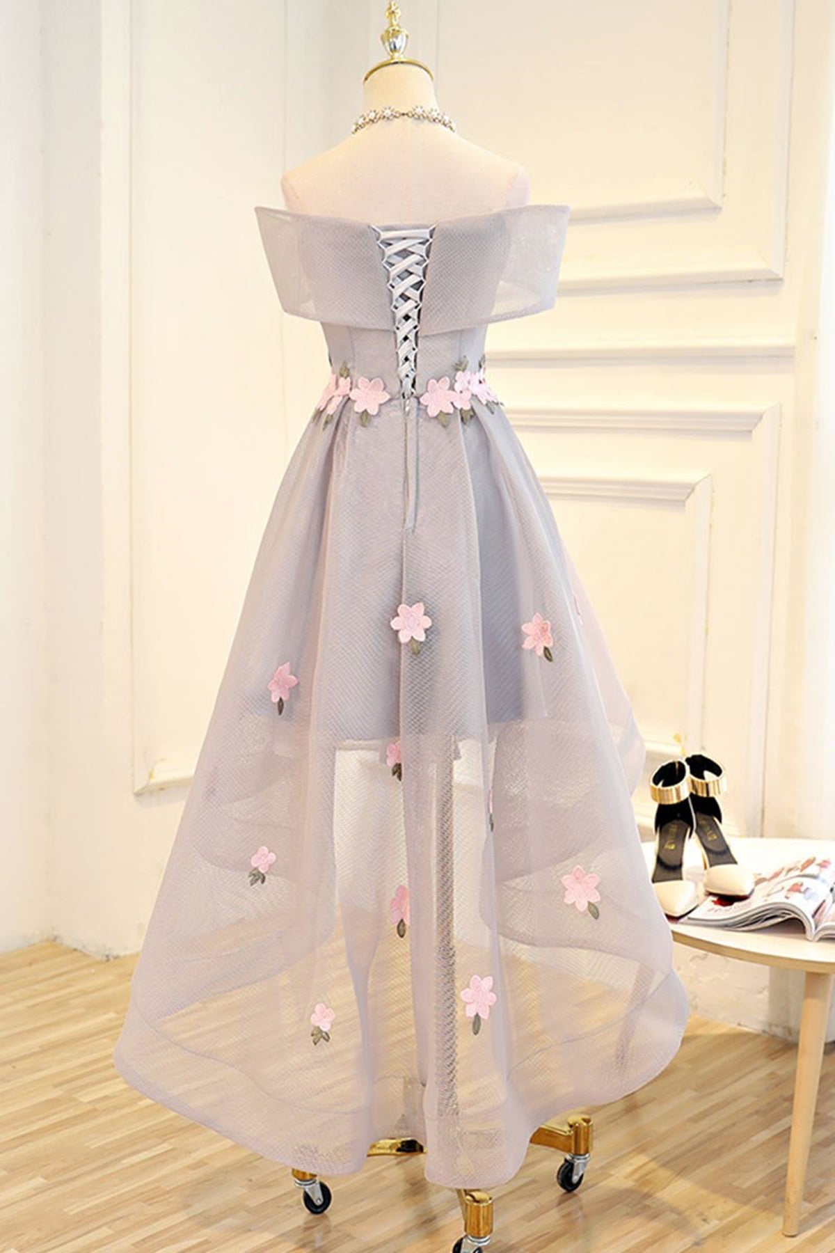 Gray High Low Floral Prom Dresses, Grey High Low Formal Evening Dresses