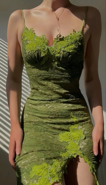 Green Lace Bodycon Homecoming Dress - Short V-Neck Prom Dress with Slit