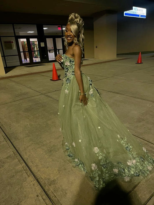 Green Strapless Long Prom Dress With Appliques,AST2297