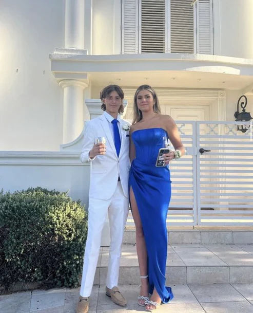 Wholesale Royal Blue Mermaid Slit Corset Prom Dresses Ruched Formal Evening Party Dresses Bridesmaid Dresses