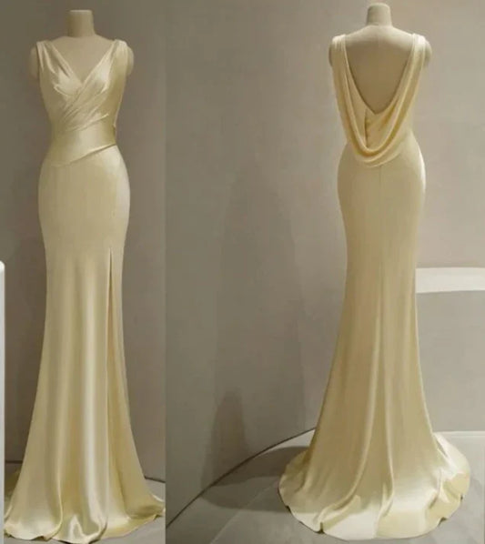 Liymcdress Yellow Satin Backless Slit Mermaid Long Prom Dress Charming Evening Party Dress