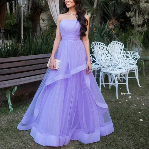 Liymcdress Dress Wholesale Lavender Tulle Long Dresses Wedding Party Ruffles Strapless Prom Dresses Formal Occasion Dress