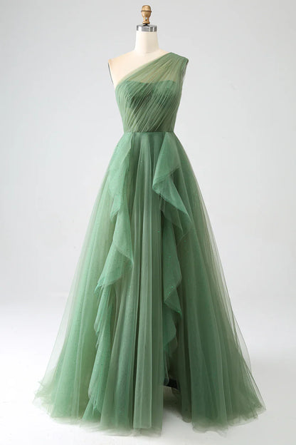 Liymcdress Long Prom Dress A-Line One-Shoulder Tulle Dark Green Elegant Evening Party Dress