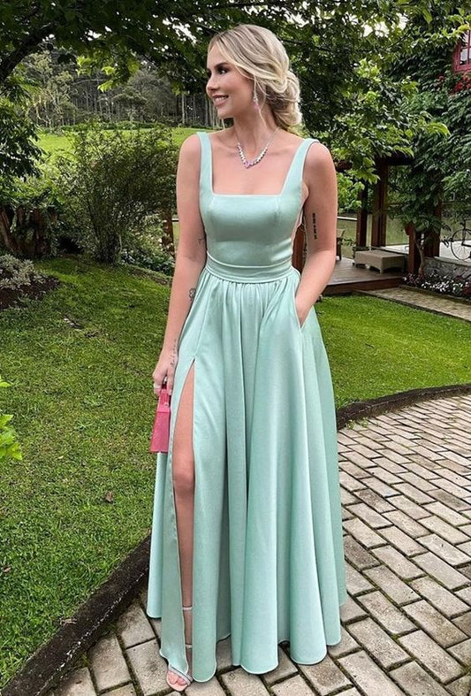 Wholesale A Line Satin Long Prom Dress Elegant Evening Party Dress Formal Dress With Slit