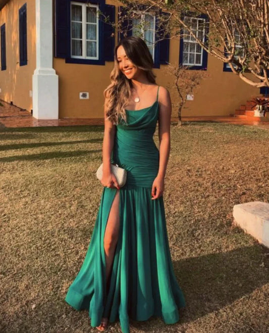 Liymcdress Green Spaghetti Straps Long Prom Dress Evening Party Dress with Slit