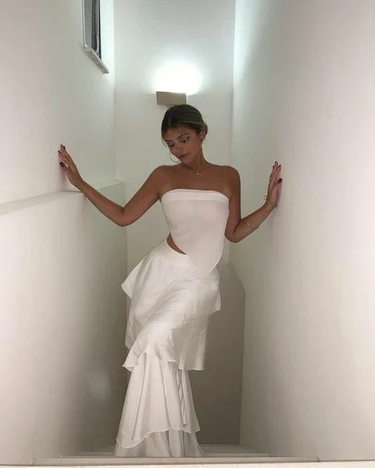 Liymcdress Elegant Two Pieces Strapless Long Tiered Prom Dress Birthday Outfits Party Dress