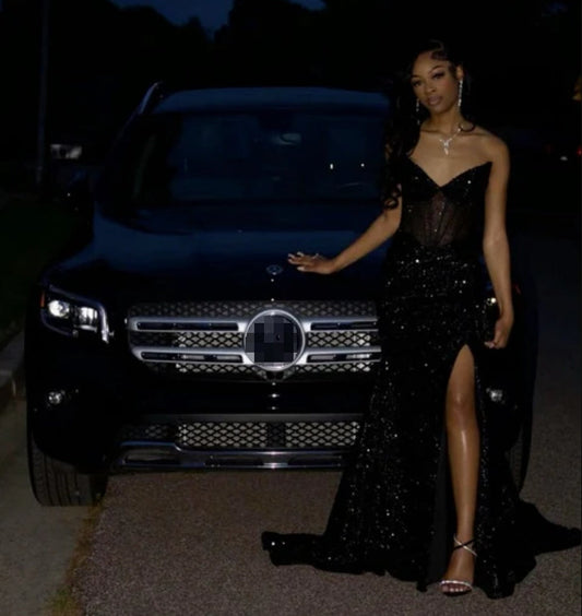 Liymcdress Sexy Strapless Black Girl Long Dress Black Prom Dress Evening Party Dress With Slit