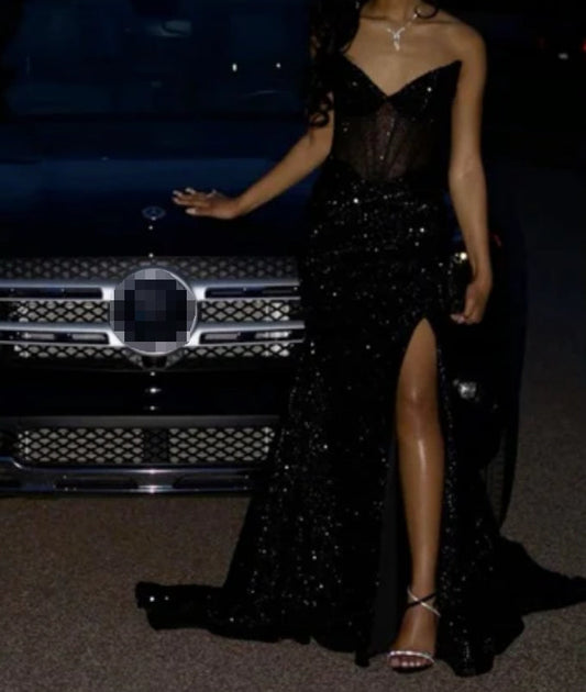 Liymcdress Sexy Strapless Black Girl Long Dress Black Prom Dress Evening Party Dress With Slit