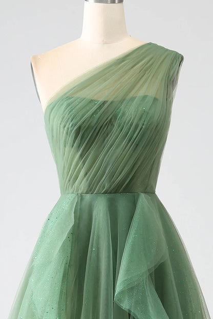 Liymcdress Long Prom Dress A-Line One-Shoulder Tulle Dark Green Elegant Evening Party Dress