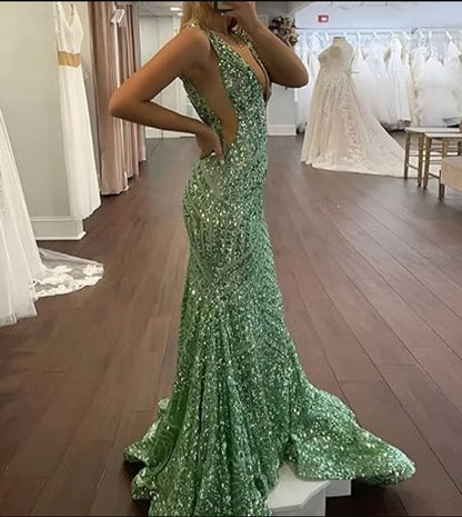 Liymcdress Dress Wholesale Sequin Mermaid Prom Dresses Long Sparkly Evening Gown Deep V Neck Backless Formal Party Gowns