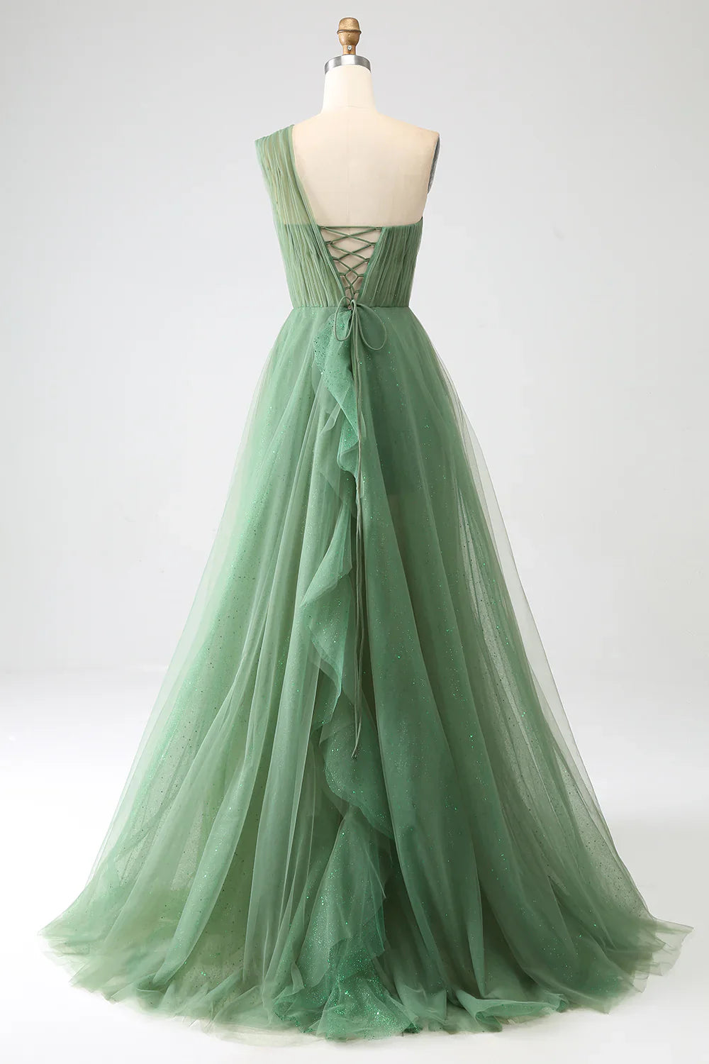 Liymcdress Long Prom Dress A-Line One-Shoulder Tulle Dark Green Elegant Evening Party Dress