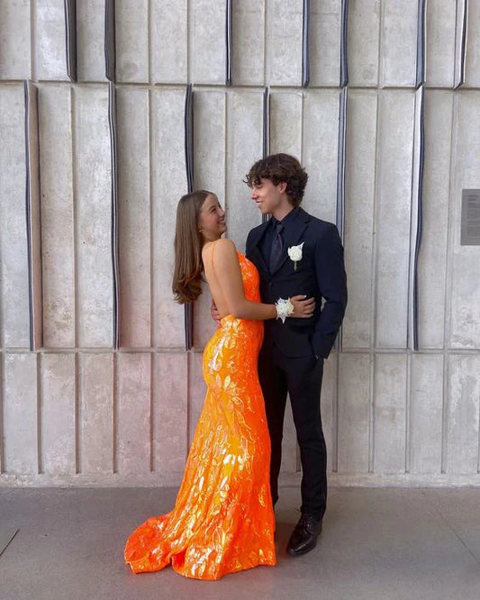 Liymcdress Orange V-neck Mermaid backless Long Prom Dress Charming Evening Party Dress