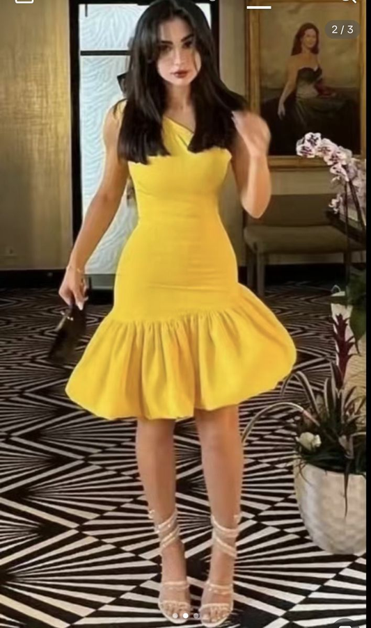 Cute Yellow One Shoulder Satin Homecoming Dress,Short Prom Dress Y8187