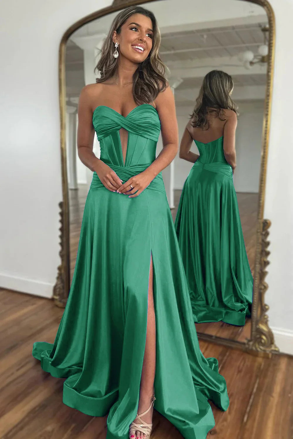 Sweetheart Zipper Back Long Satin Gold Prom Dress With Split