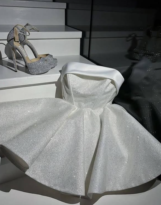 White Princess A Line Strapless Sequin Short Prom Dress Homecoming Dress SH4357