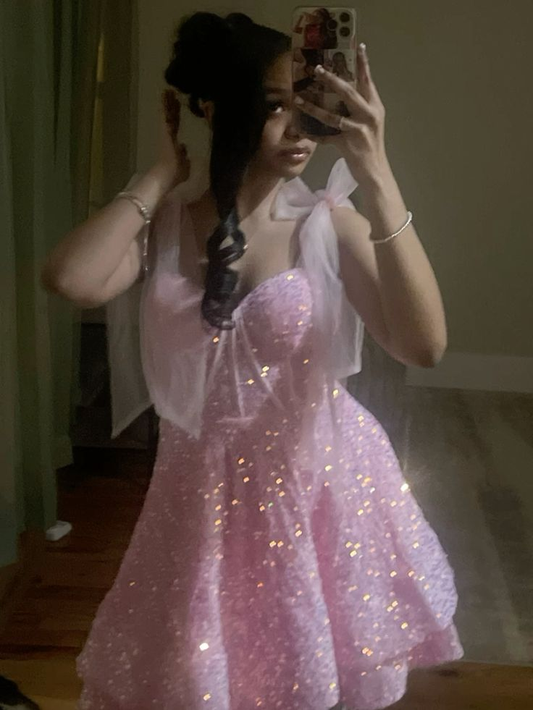 Sparkly Pink Sweetheart Neck Sequin A Line Short 19th Birthday Dress Formal Homecoming Dress Y9869