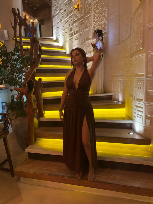 Sexy Halter Backless Brown A Line Slit Prom Dress ,Deep V Evening Dress Y8481