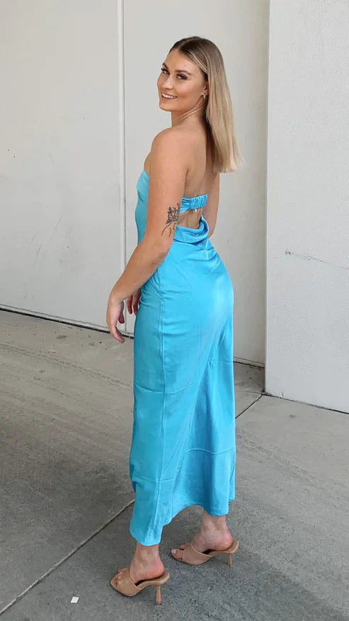 Wholesale Light Blue Strapless Beachy Prom Dress Long Evening Dress Party Dress