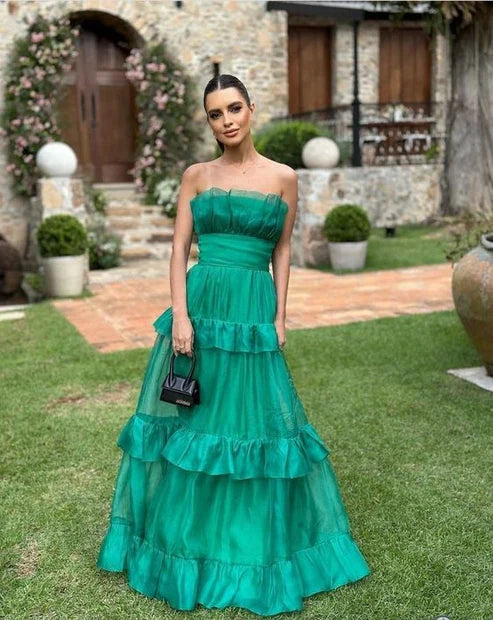 Liymcdress Green A-Line Off Shoulder Strapless Tiered Long Prom Dress Party Dress