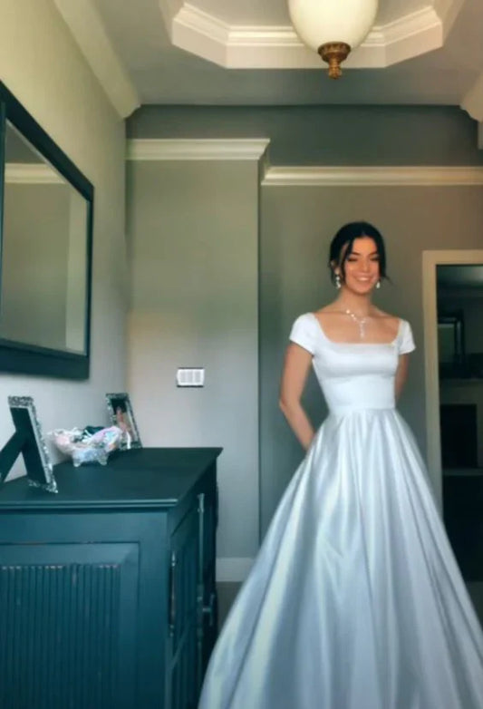 Liymcdress Charming A Line Short Sleeves Long Prom Dress Elegant Wedding Dress Simple Party Evening Dress