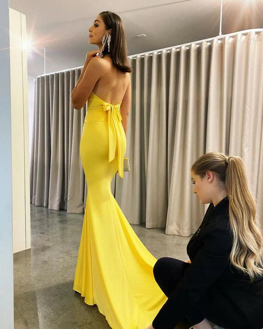 Liymcdress Yellow Backless Mermaid V-Neck Prom Dress Elegant Evening Party Dress