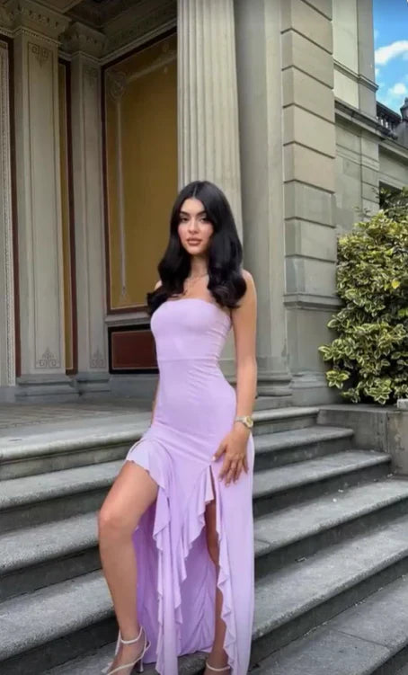 Wholesale Lavender Chiffon Strapless Prom Dress With Side Slit Charming Evening Party Dress
