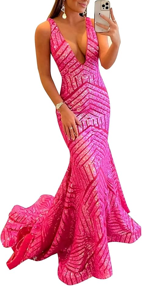 Liymcdress Dress Wholesale Sequin Mermaid Prom Dresses Long Sparkly Evening Gown Deep V Neck Backless Formal Party Gowns