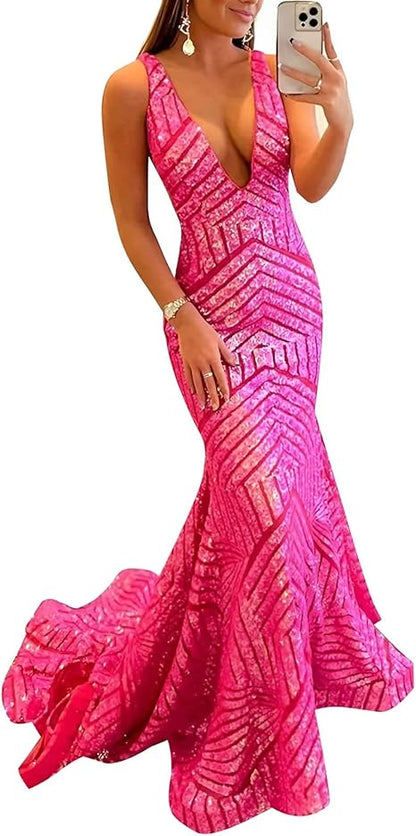 Liymcdress Dress Wholesale Sequin Mermaid Prom Dresses Long Sparkly Evening Gown Deep V Neck Backless Formal Party Gowns