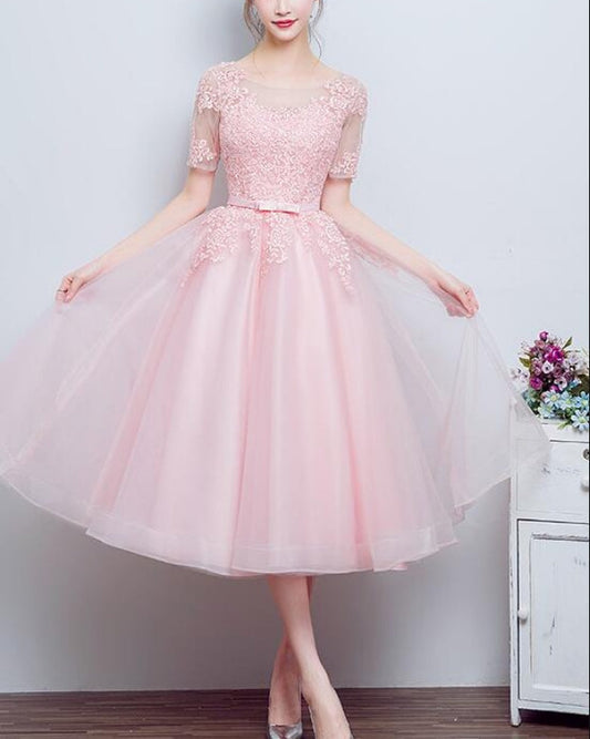 Beautiful A Line Tulle Tea Length Bridesmaid Dresses with Lace Party Dress Lovely Homecoming Dress Cute Cocktail Dress Prom Dress