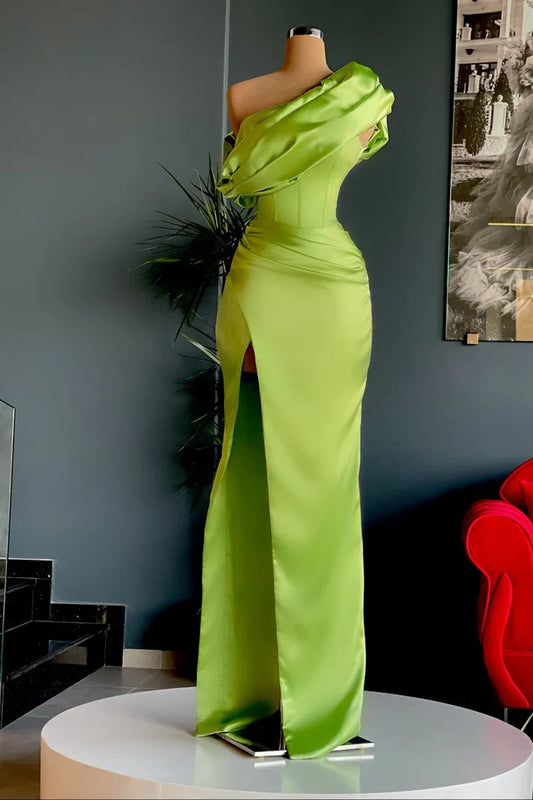 Wholesale Green Elegant One Shoulder Long Evening Prom Dress with High Slit Charming Party Dress