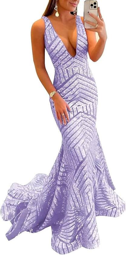 Liymcdress Dress Wholesale Sequin Mermaid Prom Dresses Long Sparkly Evening Gown Deep V Neck Backless Formal Party Gowns