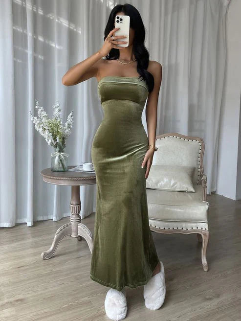 Liymcdress Elegant Mermaid Strapless Velvet Prom Dress Evening Gown Simple Party Dress