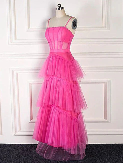Liymcdress Hot Pink Spaghetti Straps Tulle Tired Prom Dress Formal Graduation Party Dresses