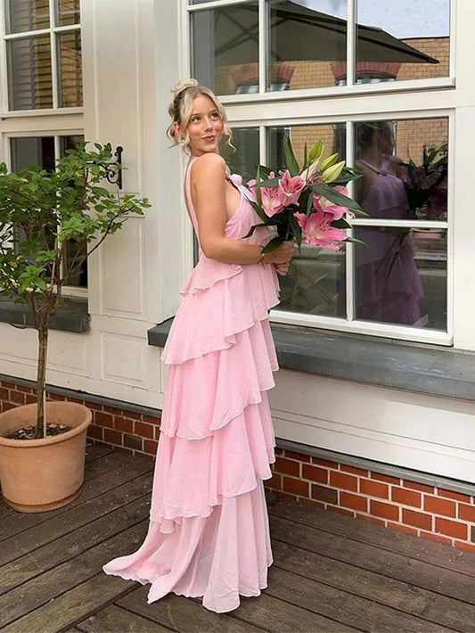 Wholesale Pink A Line Halter Ruffle Chiffon Long Evening Dress Prom Dress Charming Party Dress