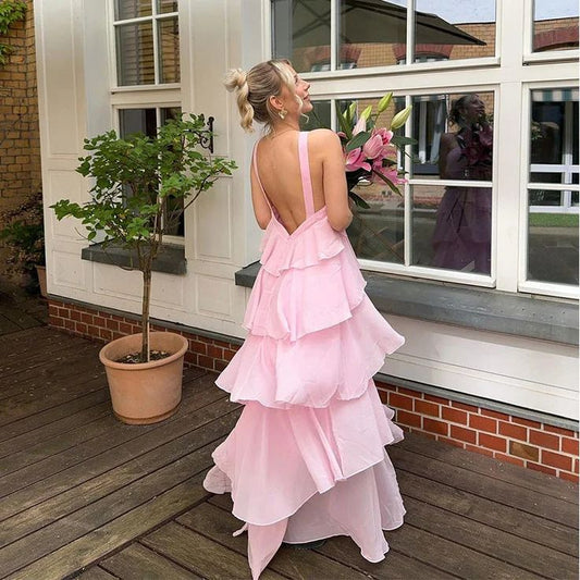 Wholesale Pink A Line Halter Ruffle Chiffon Long Evening Dress Prom Dress Charming Party Dress