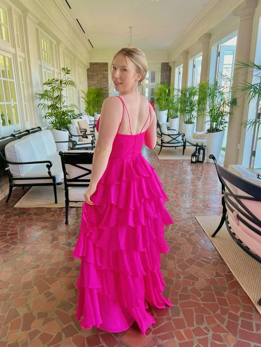 Liymcdress Sexy Fuchsia Layered A Line Evening Dress Chiffon Long Prom Dress Charming Party Dress