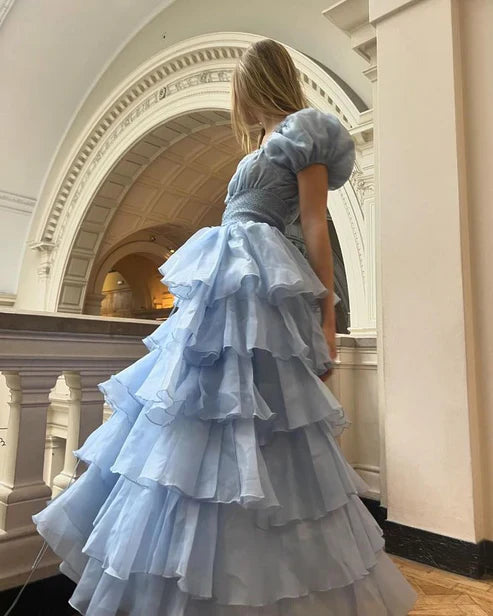 Aimishng Cute Blue Tulle Tiered Hepburn Princess Prom Dress Evening Dress Ball Gown