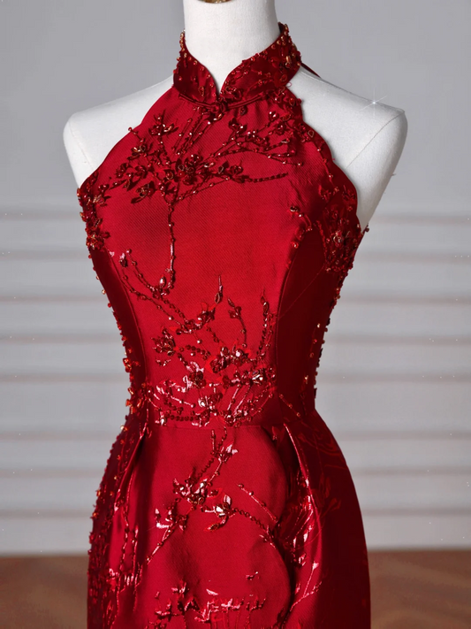 Gorgeous Red Satin Beaded Sheath Slit Prom Dress Formal Evening Dress Y8642