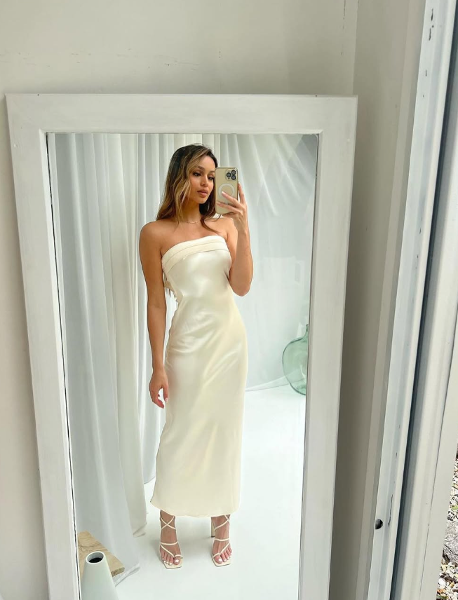 Simple Sheath Strapless Ivory Satin Open Back Bridesmaid Dress Evening Dress SH3275