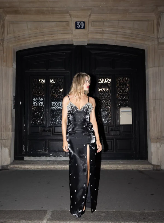 Charming Black Satin Beaded Slit Prom Dress,Spaghetti Straps Sheath Evening Gown Y8229