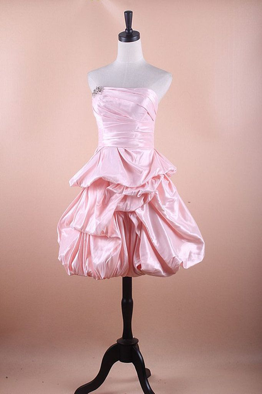 Stylish Strapless Pink Satin Pleated Short Prom Dress Formal Homecoming Dress Birthday Outfits Y9449