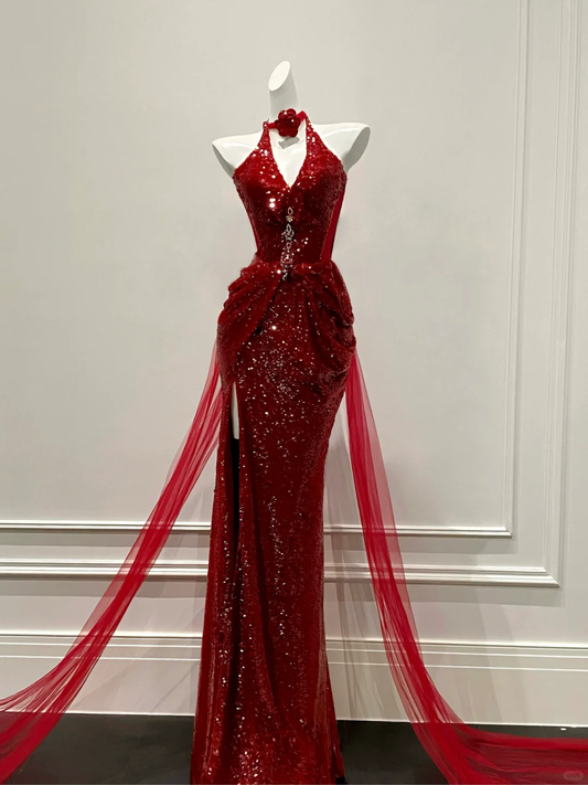 Sparkly Halter V Neck Sequin High Slit Long Evening Dress Red Prom Dress Y9470