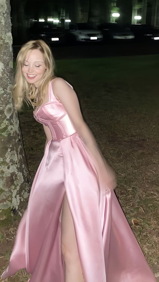 Simple Pink A-Line Satin Party Dress, Side Slit Prom Dress Evening Dress Y8563