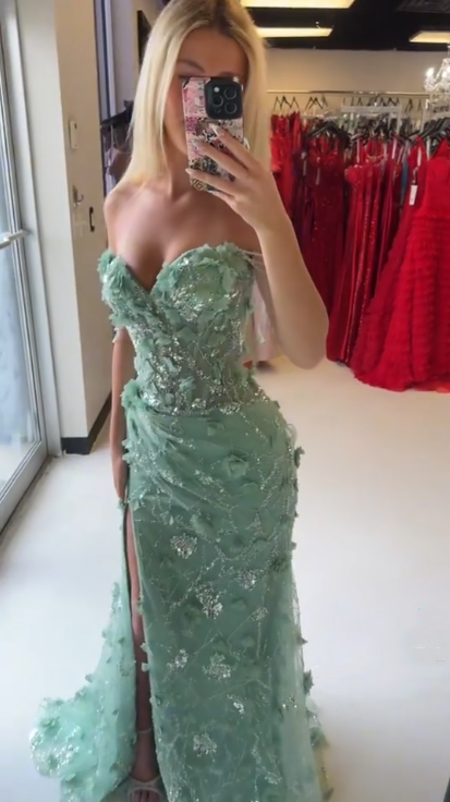 Elegant Green Tulle Applique Beaded Slit Prom Dress Long Mermaid Party Gown SP1320