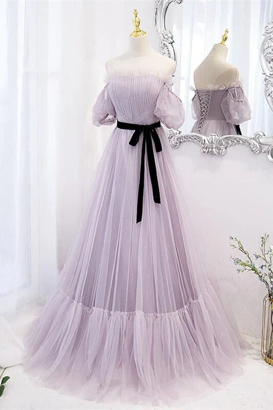 Wholesale A Line Soft Tulle Off the Shoulder Long Prom Dress Charming Evening Dress