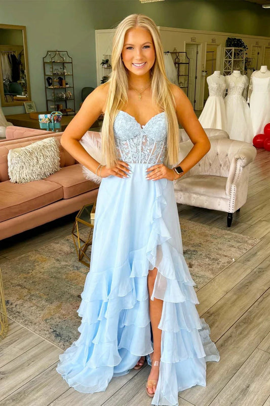 Light Blue Lace Layered Long Prom Dresses, Blue Lace Layered Long Formal Evening Dresses