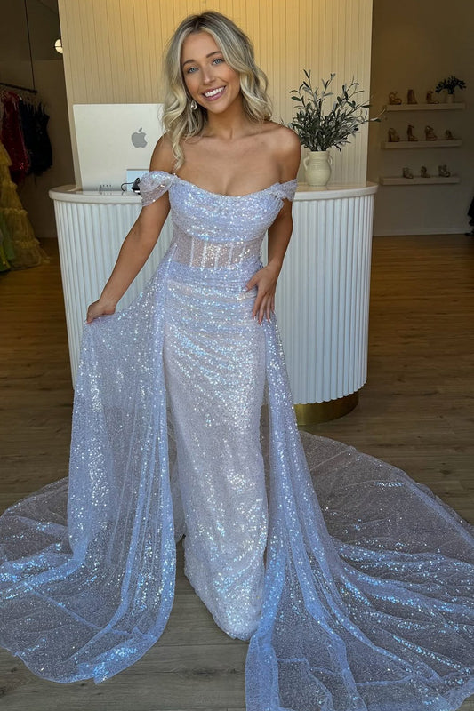Ivory Off-Shoulder Sequin Mermaid Dress with Tulle Train
